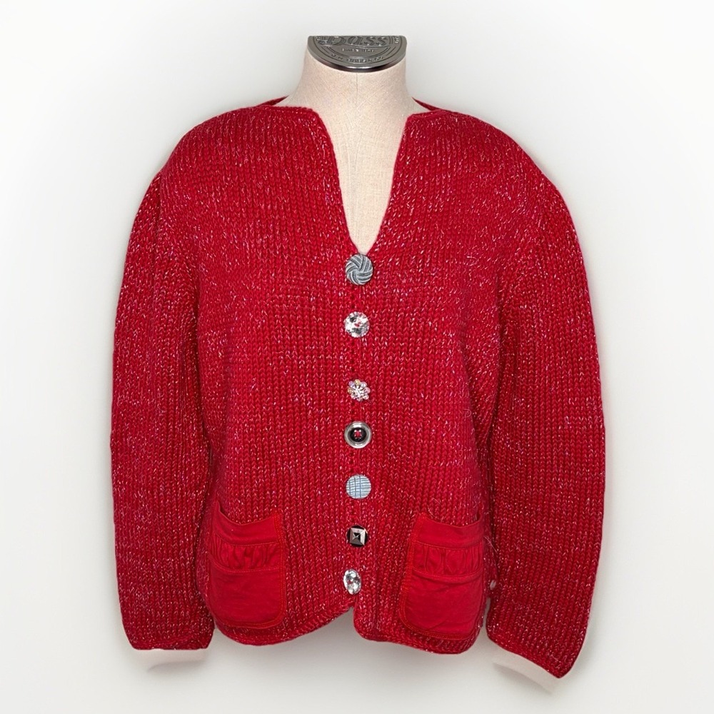 Pure Handknit Chunky Metallic Red Grandma Cardigan Sweater Jewel Buttons Women L